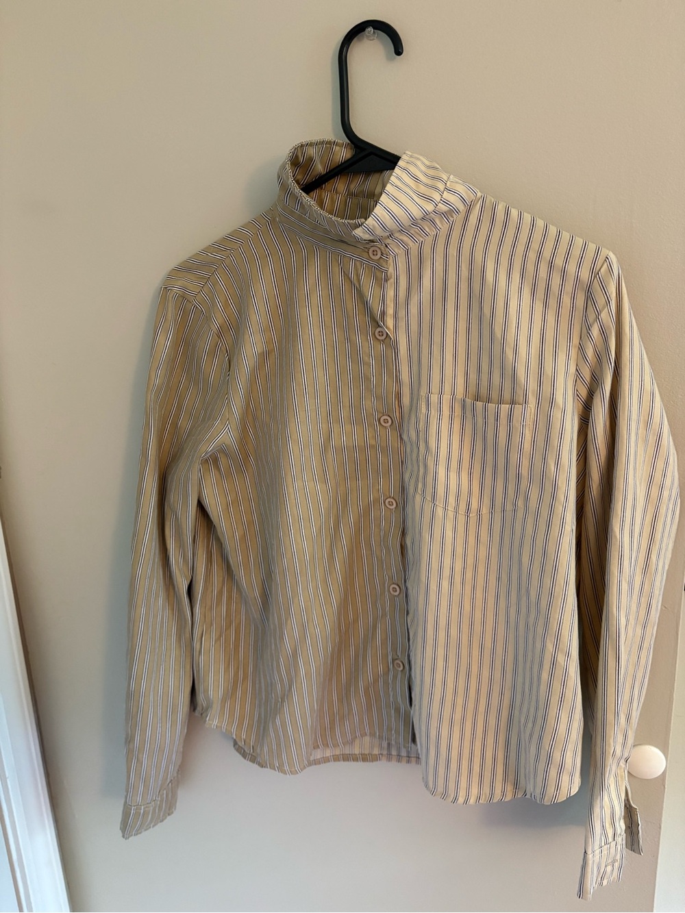 Striped Mandarin Collar Button-Up Shirt - Beige & Blue